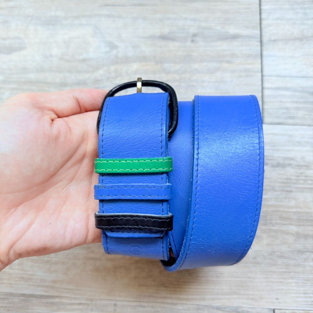 Vintage Omega Blue Genuine Leather Belt Colorblock Keeper Size 30 Statement